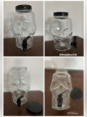 NWT- 1 Gal- Skull-Shaped Transparent Glass Drink Dispenser w/ Black Lid & Spigot